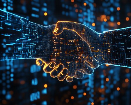 Business collaboration represented by a digital handshake, illuminated against a blue tech backdrop, symbolizing digital transformation and strategic partnerships