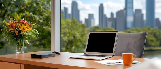 Fototapeta premium Laptop and Vibrant Floral Arrangement on Wooden Desk with Stunning City Skyline Visible Through Window Depicting a Productive and Workspace
