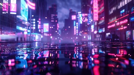 Obraz premium Neon night in a futuristic city Wallpaper in cyberpunk style, AI generated image