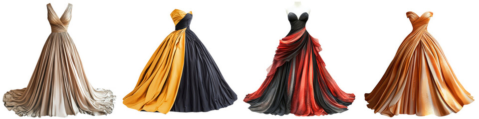 Naklejka premium Flowing and Dramatic Evening Gowns in Vibrant Colors such as Red Yellow Black and Beige for Formal Occasions Galas Weddings Proms and High Fashion Displays or Runway Shows