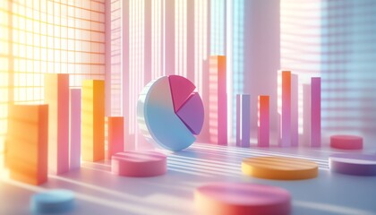 Dynamic 3D graphs and pie charts in pastel tones, casting playful shadows on a white surface, visualizing vibrant data trends and analytics in a modern style
