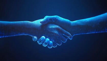 Futuristic digital handshake representing business collaboration, glowing hands connecting against a blue tech backdrop, symbolizing success in the digital era