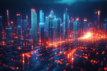 A nighttime metropolis encircled by an abstract gradient blue. Generative Ai