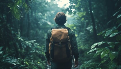 Fototapeta premium Lone traveler with a backpack walking through a peaceful green forest, bathed in natural light, symbolizing tranquility and a deep connection to nature