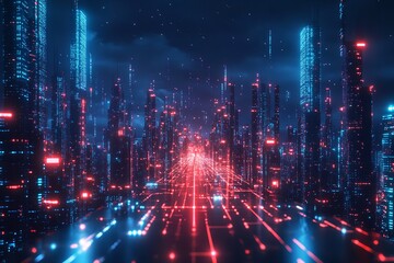 A nighttime metropolis encircled by an abstract gradient blue. Generative Ai