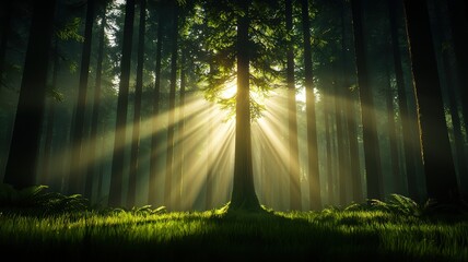 Fototapeta premium A serene forest scene with sunlight filtering through tall trees, creating a magical atmosphere in a lush, green setting.