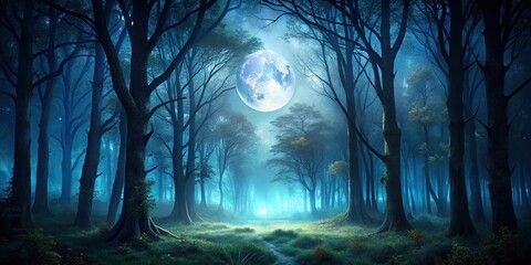 Dark mysterious forest at night with glowing moonlight filtering through the trees, mystical, nature