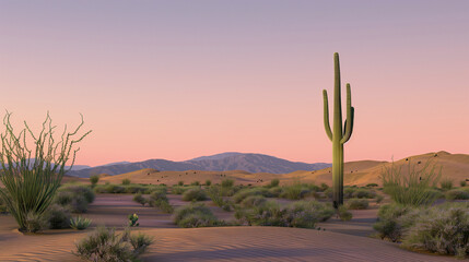 A desert landscape at dawn, sand dunes stretching endlessly under a gradient sky transitioning from night to day, shadows accentuating the curves of the dunes, a solitary cactus in the foreground. 