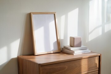 Minimalist decor with blank wooden frame on wooden dresser, soft sunlight illuminating stack of books and modern cube speaker against light-colored wall