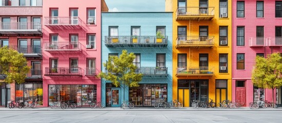 Fototapeta premium Urban neighborhood with diverse apartment buildings, colorful storefronts, and parked bikes,