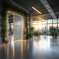 An open door leading into a clean, bright office, representing new opportunities, with controlled lighting for a professional photo, no people
