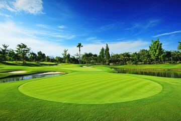 Obraz premium A serene golf course landscape featuring lush green grass, trees, and a clear blue sky.