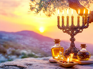 A menorah with candles and oil lamps, set against a sunset landscape.