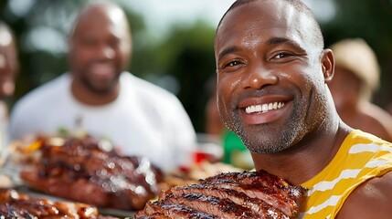 A group of happy friends gathered outdoors for a lively barbecue party sharing a delicious summer meal and creating a sense of community and camaraderie  The scene captures the joy leisure