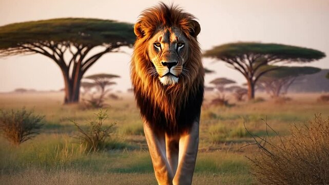The king of the jungle, namely the majestic lion in the wild world, is walking