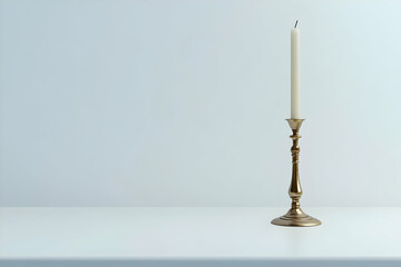 A simple candle in a brass holder on a minimalist table against a light background.