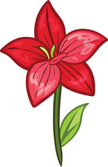 Red Lily Flower Vector Illustration, Colorful vector illustration of a red lily flower with detailed petals, green stem, and leaf, showcasing its vibrant and natural beauty.
