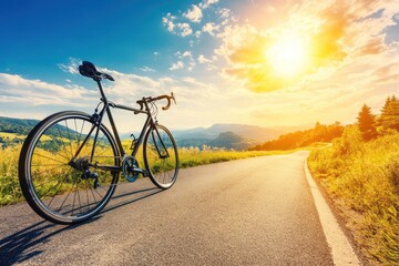 Fototapeta premium A black bicycle stands on a winding asphalt road in the countryside, facing towards a beautiful sunset.