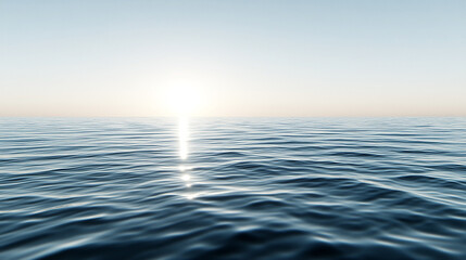 Obraz premium A calm blue ocean with a bright sun shining in the distance, creating a glistening reflection on the water.