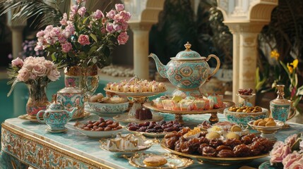 Fototapeta premium Elegant Dessert Table with Tea Set and Pastries