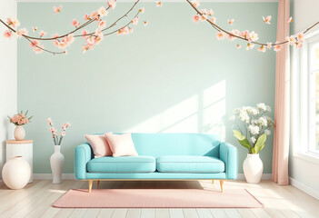blank spring concept interior copy space scene. simple colorful interior with pastel wall and sofa