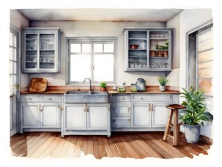 Fototapeta premium Cozy Kitchen Watercolor Art Simplicity Life