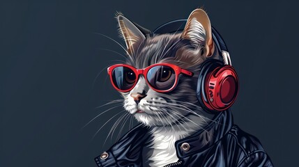 Gray cat with headphones and red glasses wearing a leather jacket listening to music