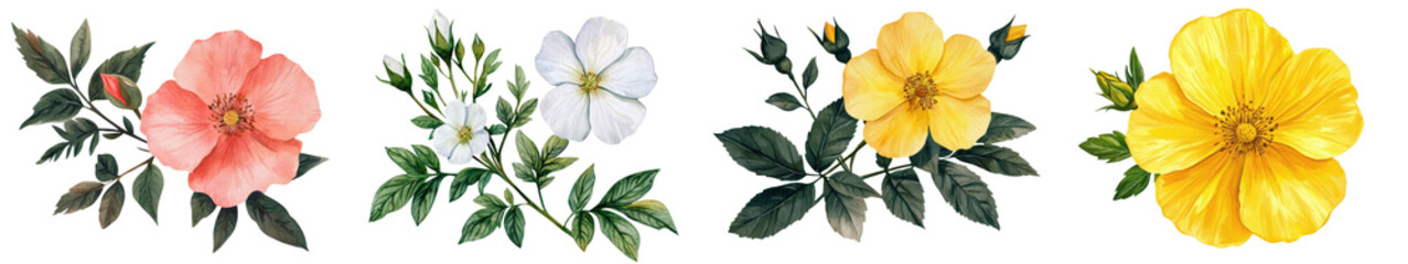 Vibrant and Detailed Watercolor of Beautiful Rock Rose Flowers in Various Colors and Arrangements Showcasing the Natural Beauty and Grace of this Botanical Specimen