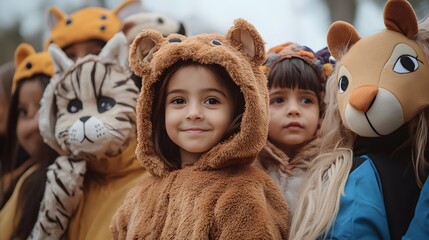 Smiling children, dressed in costumes, play together in the park 