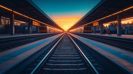 Fototapeta premium Train tracks leading towards a beautiful sunset.