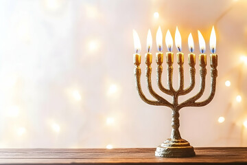A lit menorah with eight candles, symbolizing Hanukkah celebrations.