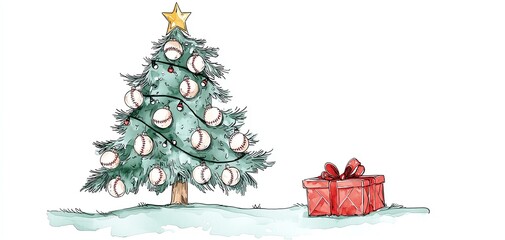 A festive Christmas tree decorated with baseball ornaments and a gift box, set against a white background.