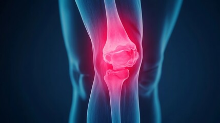 Detailed 3D digital rendering of an inflamed painful knee joint anatomy highlighting the complex structure of bones ligaments tendons and muscles within a colorful blue and red gradient backdrop