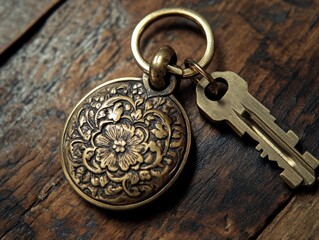 Brass Keyring with Ornate Flower Design.
