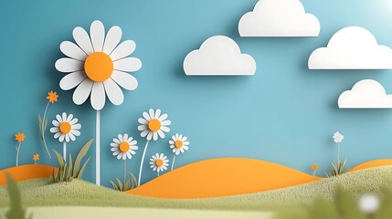 Vibrant white daisy flowers blooming in a lush green meadow under a bright blue sky with fluffy white clouds