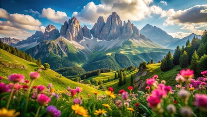 Fototapeta premium Breathtaking Dolomiti Mountains with Stunning Bokeh Effect, Serene Landscape, Majestic Peaks, Vibrant Nature, Dreamy Background, and Captivating Scenery for Photography Lovers and Nature Enthusiasts