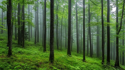 Obraz premium A misty forest with tall trees and lush greenery.