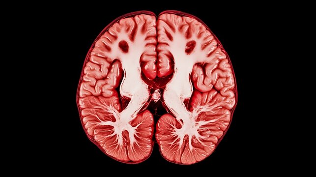 Detailed Transverse Cross section View of Human Brain Anatomy Showing Gray and White Matter Cerebrum Cortex and Hemispheres on Dark Background