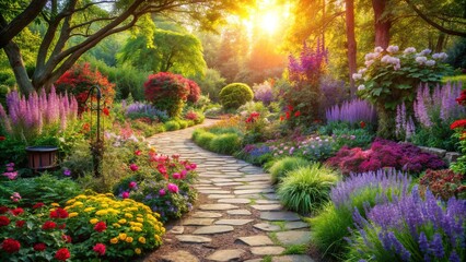 Fototapeta premium A Serene Stone Path Winding Through A Lush Garden With Vibrant Flowers Blooming In The Golden Sunlight