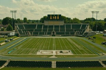 Obraz premium An empty American football stadium with green grass, a track, and a large scoreboard showing the time.