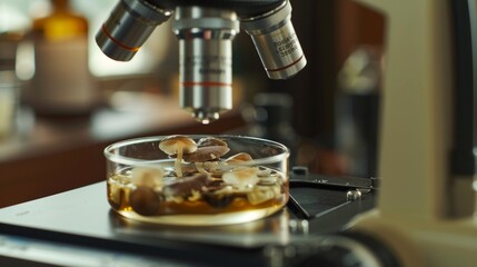 Close-up of a microscope focusing on a petri dish with various types of fungi growing, symbolizing scientific research and the importance of fungus study in microbiology.	