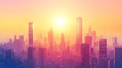 A vibrant city skyline at sunset, showcasing tall buildings against a colorful sky.