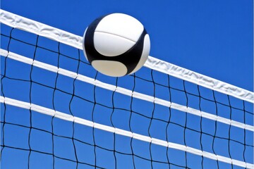 A volleyball soars over the net, about to land on the other side of the court.