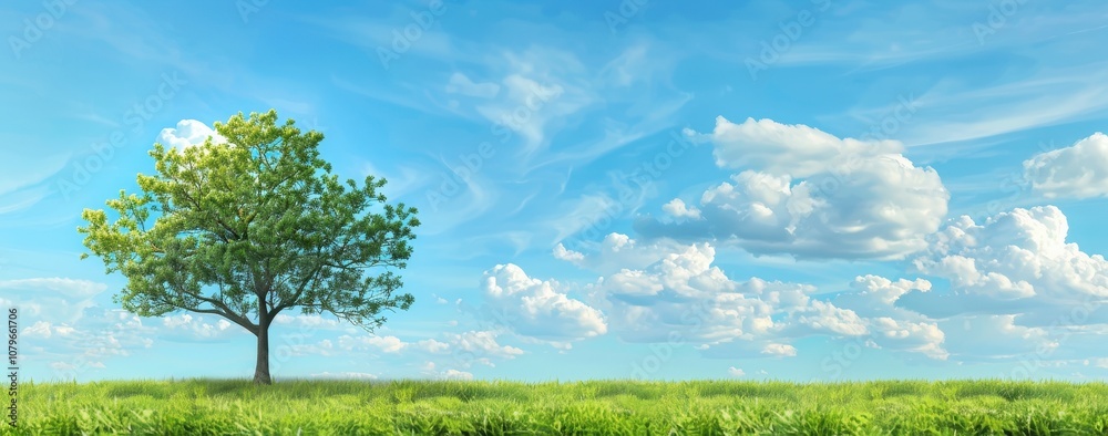 Aufkleber a solitary tree stands in a grassy field against a blue sky with white clouds.