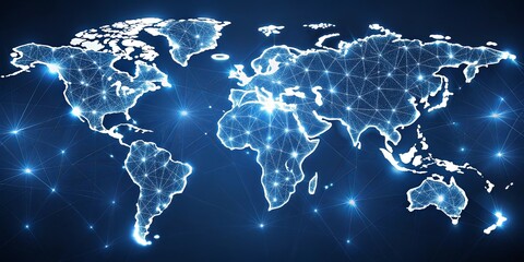 Fototapeta premium Global Interconnectivity A Stylized Networked World Map Depicting the Connectivity of Continents and Countries Through Lines and Glowing Points