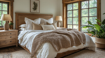 Rustic Retreat: A cozy and inviting bedroom with a wooden bed frame, soft linens, and natural light streaming through large windows. The rustic decor creates a warm and inviting atmosphere.