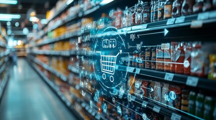 The digital network includes shopping cart, office, and supermarket icons, representing online grocery and e-commerce business technologies. Abstract concept of sales data analysis