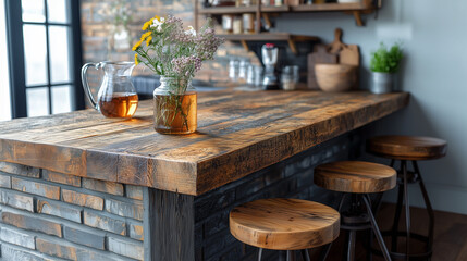 Fototapeta premium Rustic Kitchen Island with Reclaimed Wood: A sleek and modern kitchen island with a rustic charm. Featuring a reclaimed wood countertop, exposed brick, and industrial-style bar stools.