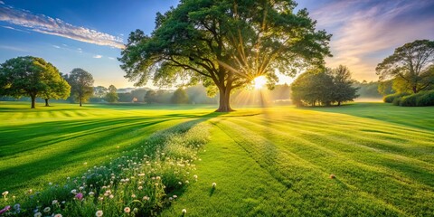 Naklejka premium Sunlight filtering through the branches of a majestic tree illuminates a verdant field, casting long shadows on the freshly cut grass, a breathtaking sight of nature's beauty