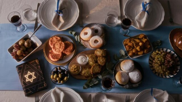 Directly above view of Hanukkah holiday table set with traditional Jewish meal including challah, latkes, sufganiyah, olives, grapes and kiddush wine